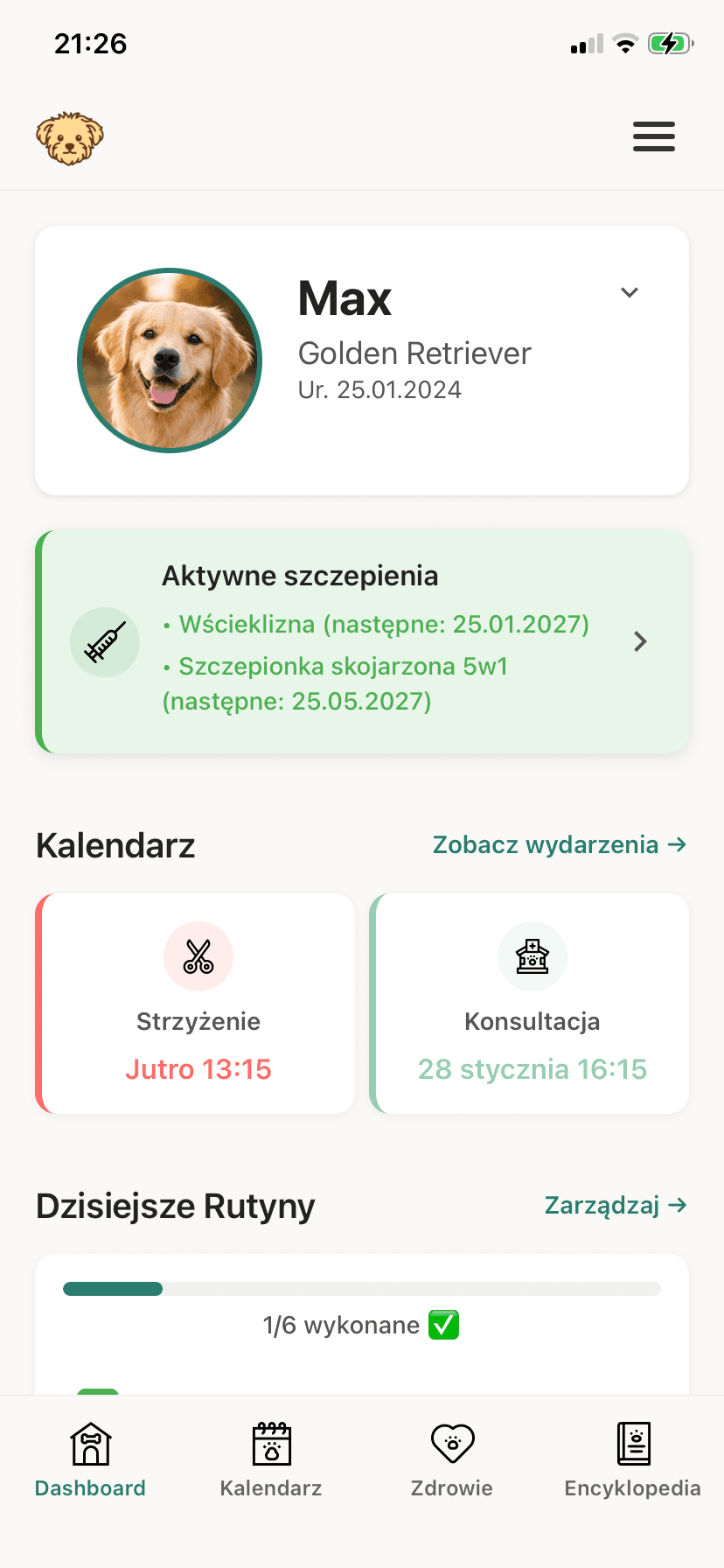 Główny ekran aplikacji PIESEK z profilem psa